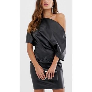 ASOS DESIGN PU drape shoulder mini pencil dress